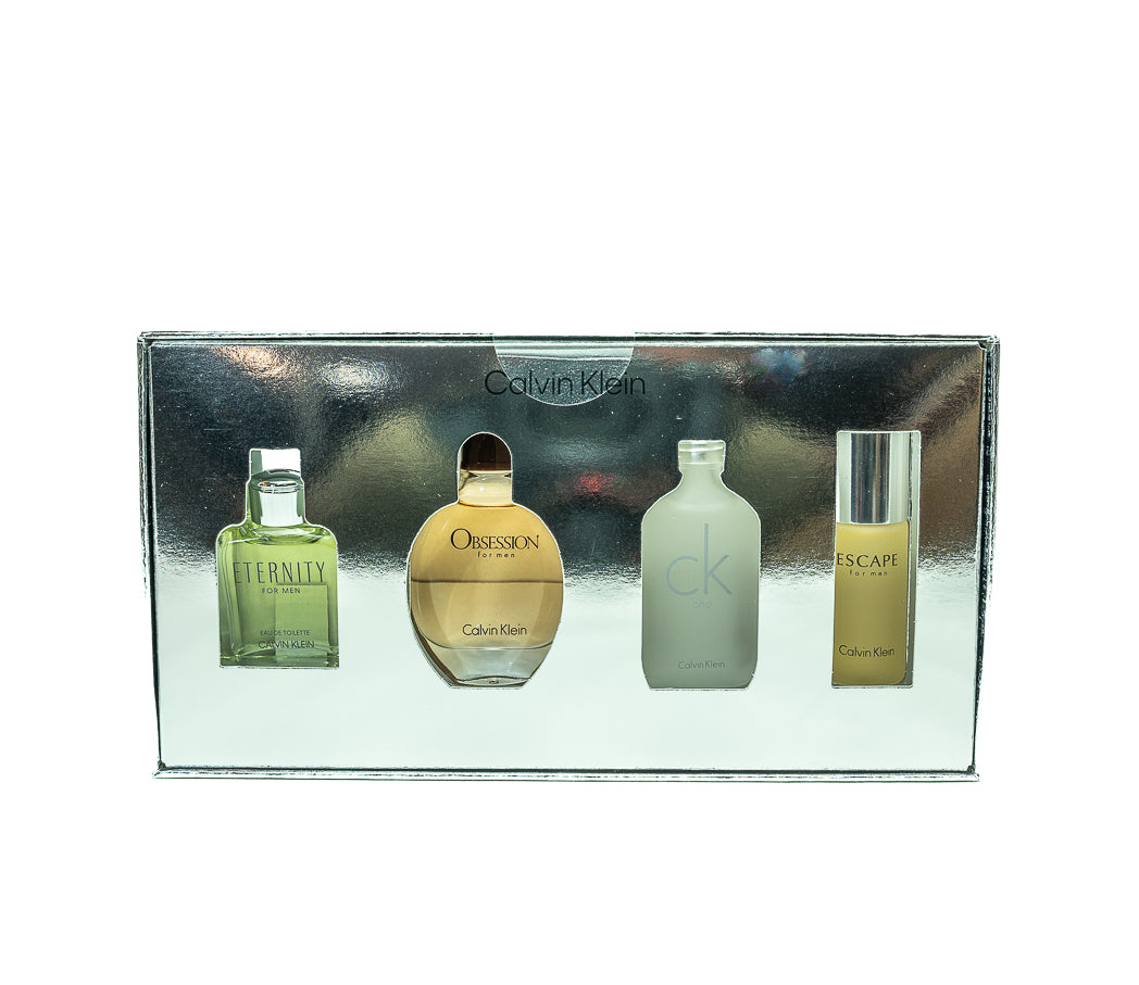 Discover iconic Calvin Klein fragrances with this mini gift set for men, featuring four 15ml splash bottles of their popular Eau de Toilette.