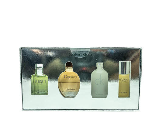Discover iconic Calvin Klein fragrances with this mini gift set for men, featuring four 15ml splash bottles of their popular Eau de Toilette.