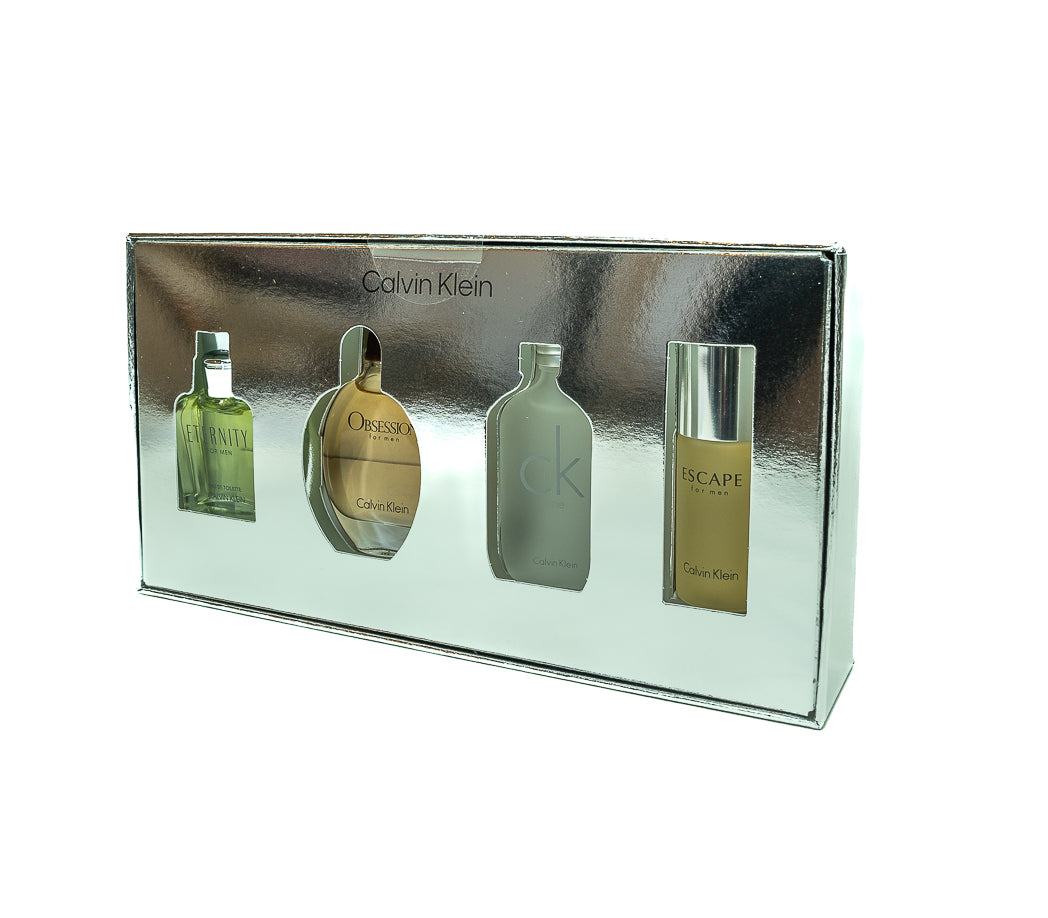 Discover iconic Calvin Klein fragrances with this mini gift set for men, featuring four 15ml splash bottles of their popular Eau de Toilette.