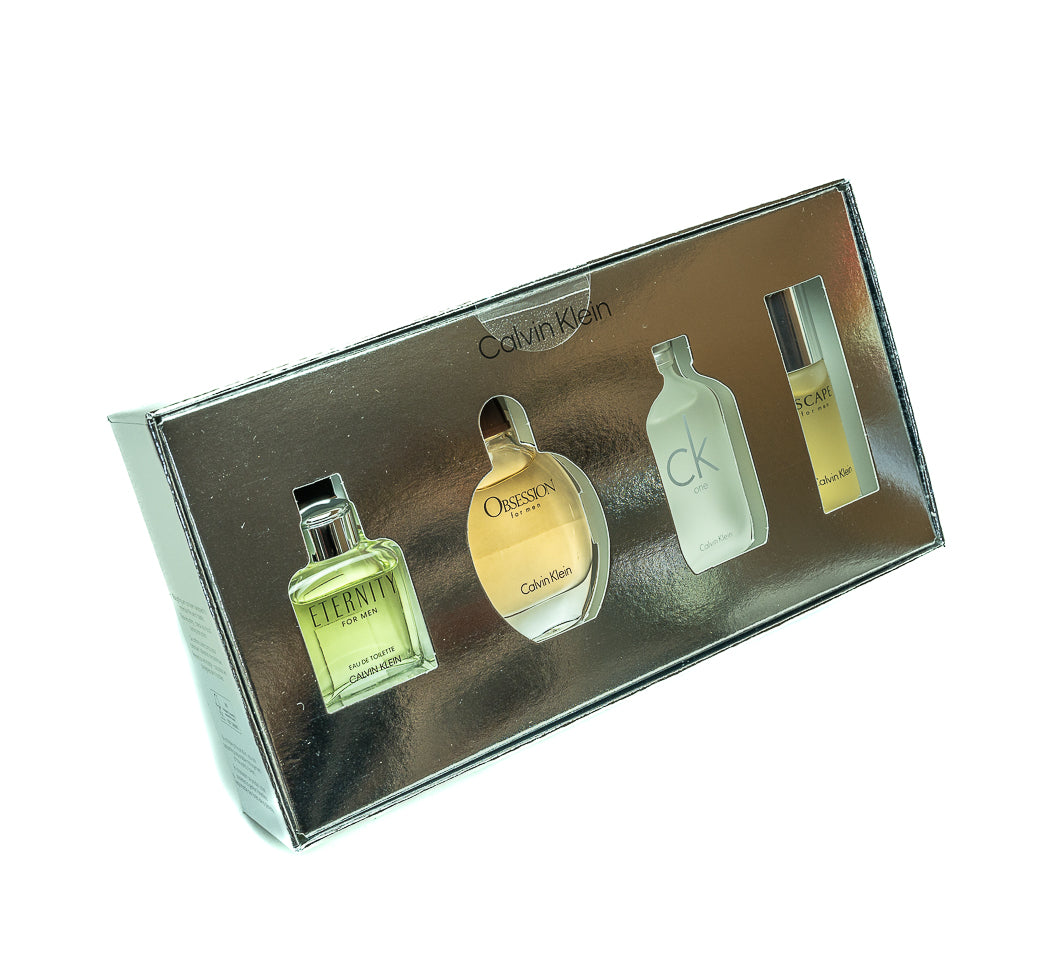 Discover iconic Calvin Klein fragrances with this mini gift set for men, featuring four 15ml splash bottles of their popular Eau de Toilette.