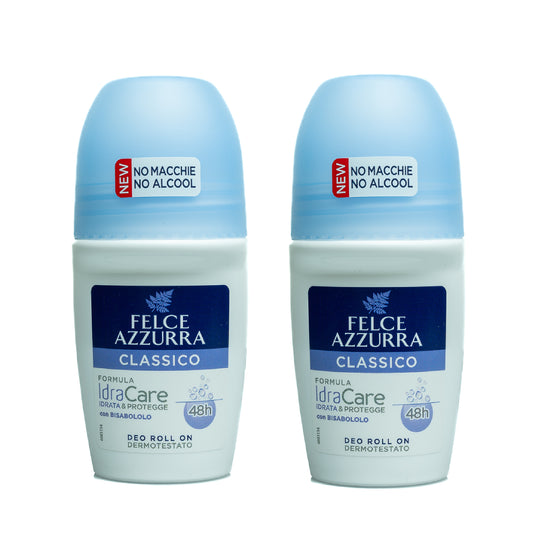 Stay fresh for 48 hours with the classic Felce Azzurra fragrance. This twin pack of roll-on deodorants is gentle on skin and leaves no stains.