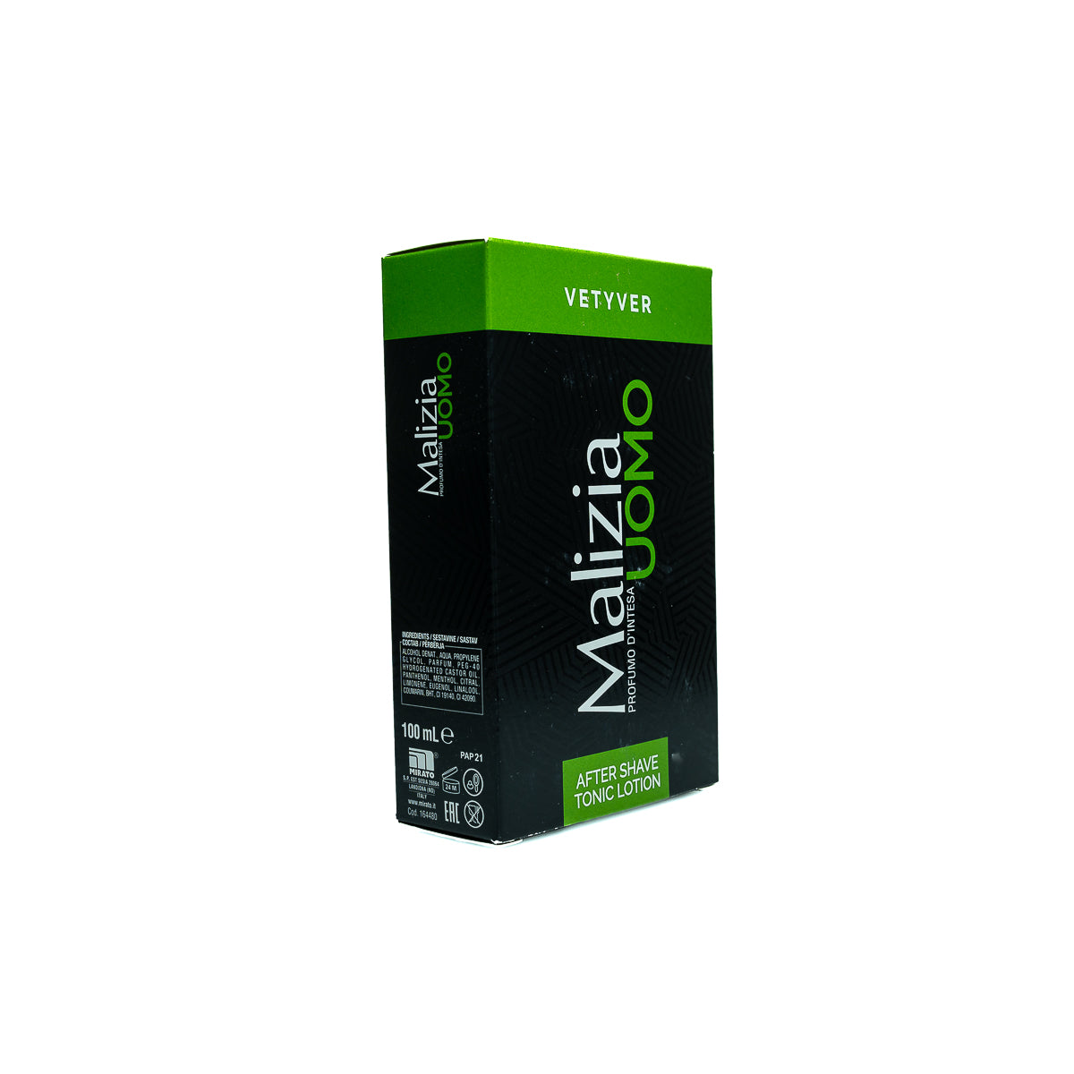 Malizia Uomo after shave tonic lotion packaging on a white background