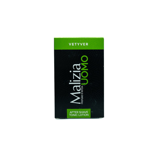 Malizia Uomo Vetyver aftershave tonic lotion packaging on a white background