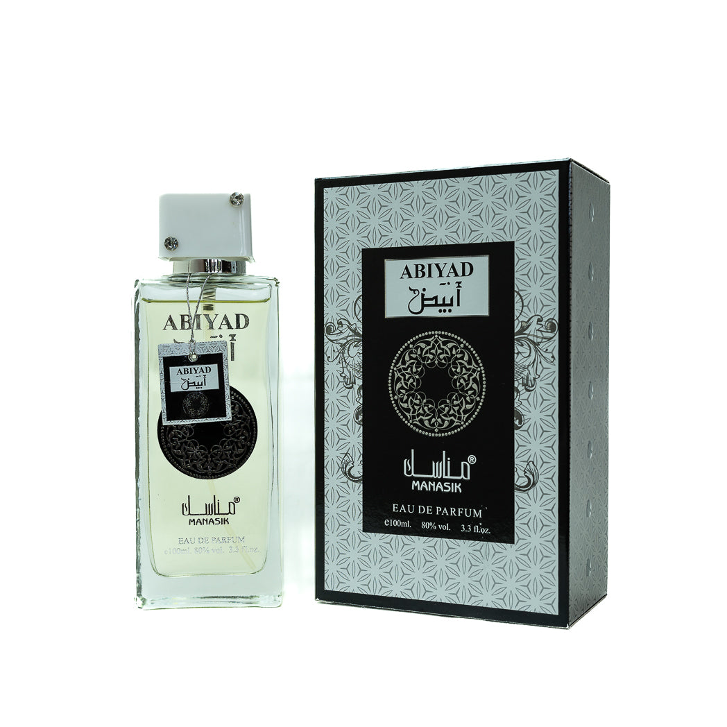 Experience the invigorating scent of Abiyad Manasik Eau de Parfum for men. This 100ml fragrance combines fresh citrus and warm musk for a sophisticated and lasting aroma.