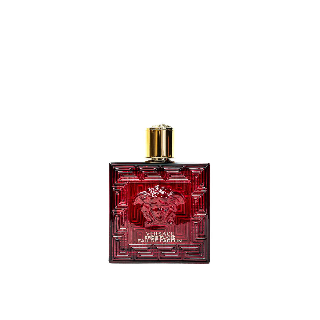 Versace Eros Flame 100ml men’s fragrance, bold red bottle with Medusa emblem and alluring scent.