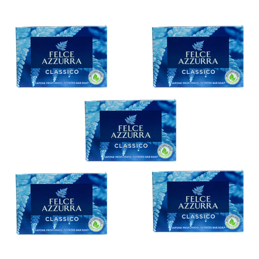 Classic Italian-scented bar soap from Felce Azzurra, 5-pack of 100g each.
