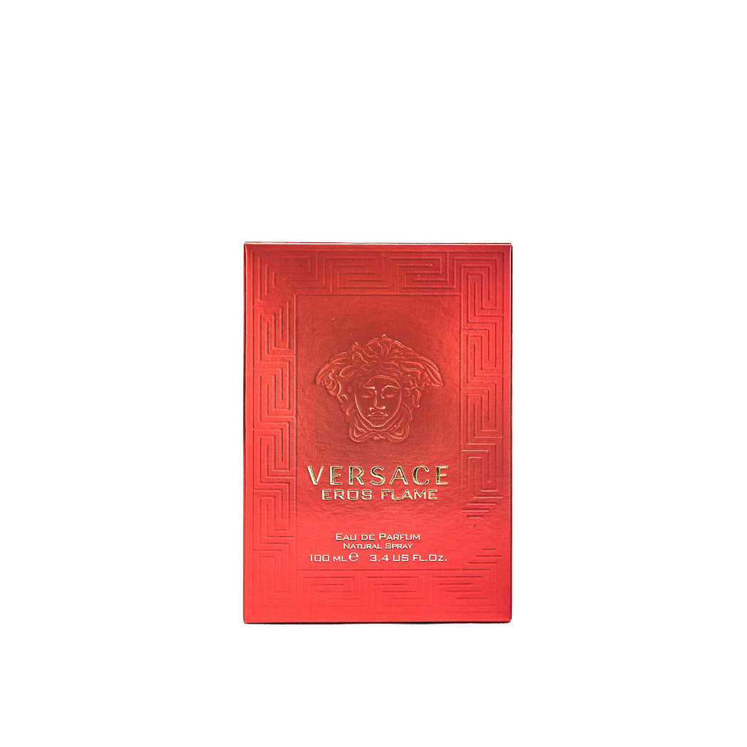 Versace Eros Flame 100ml men’s fragrance, bold red bottle with Medusa emblem and alluring scent.