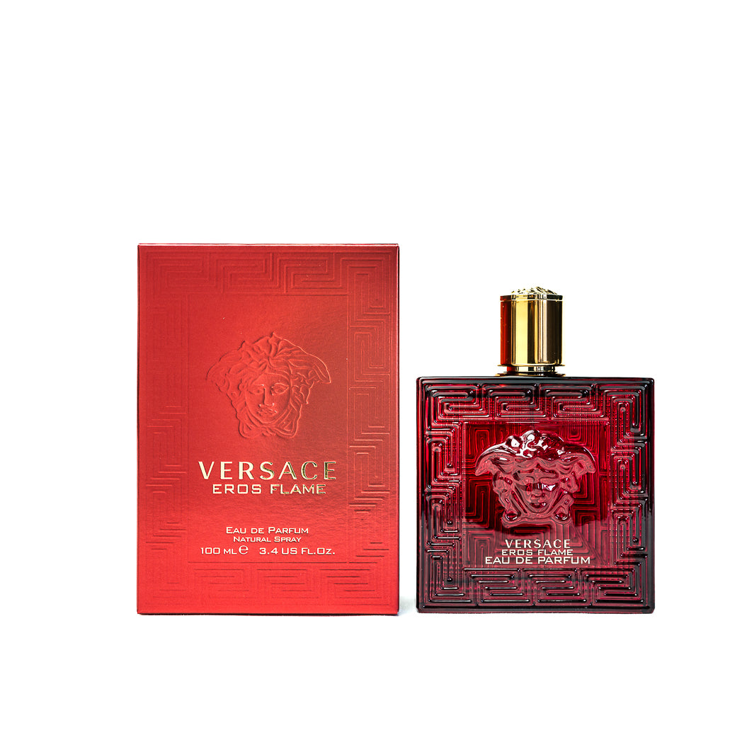 Versace Eros Flame Eau De Parfum 100ml for men with bold red bottle and iconic Medusa design.