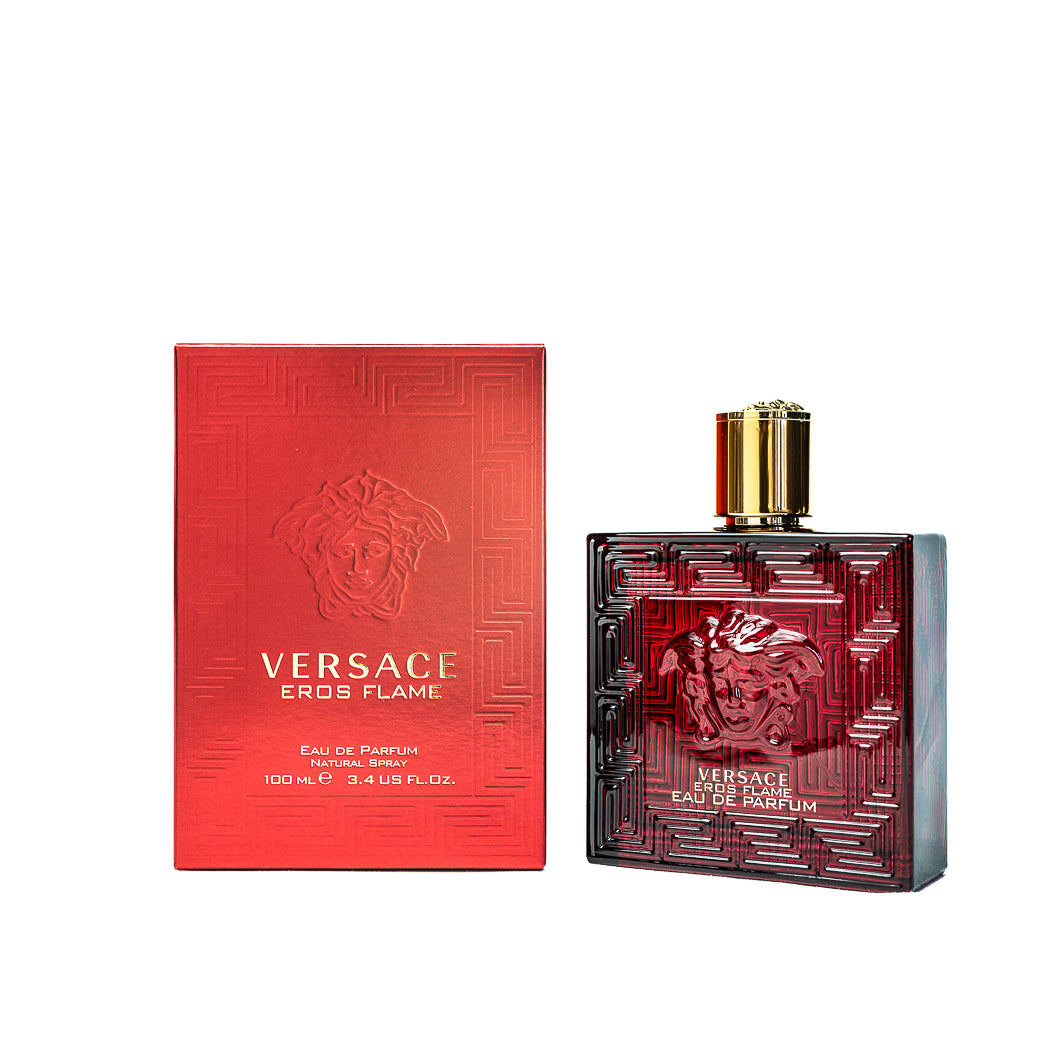 Versace Eros Flame Eau De Parfum 100ml for men with bold red bottle and iconic Medusa design.