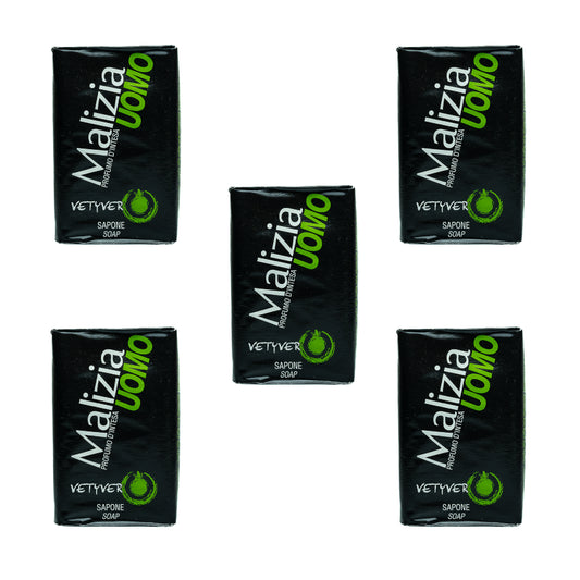 Enjoy the invigorating scent of Fresh Vetyver with this pack of five Malizia soap bars. Formulated for balanced skin and a refreshing clean.