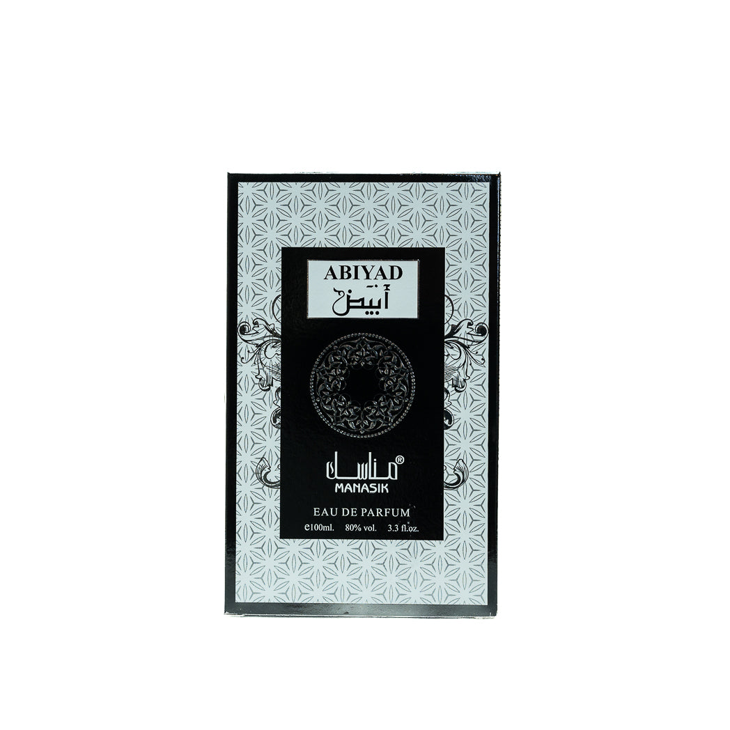 Experience the invigorating scent of Abiyad Manasik Eau de Parfum for men. This 100ml fragrance combines fresh citrus and warm musk for a sophisticated and lasting aroma.