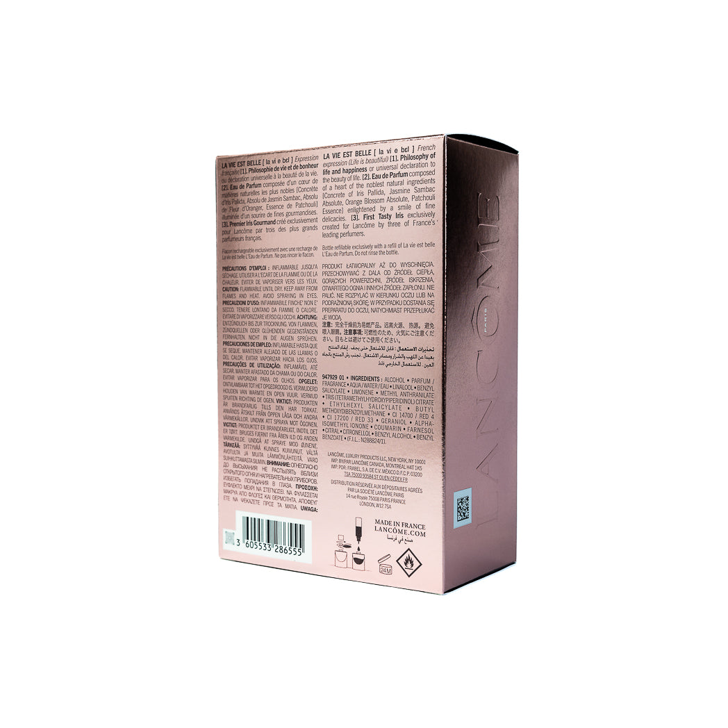 Elegant Lancôme La Vie Est Belle Eau De Parfum 100ml featuring iris, jasmine, orange blossom, and patchouli.