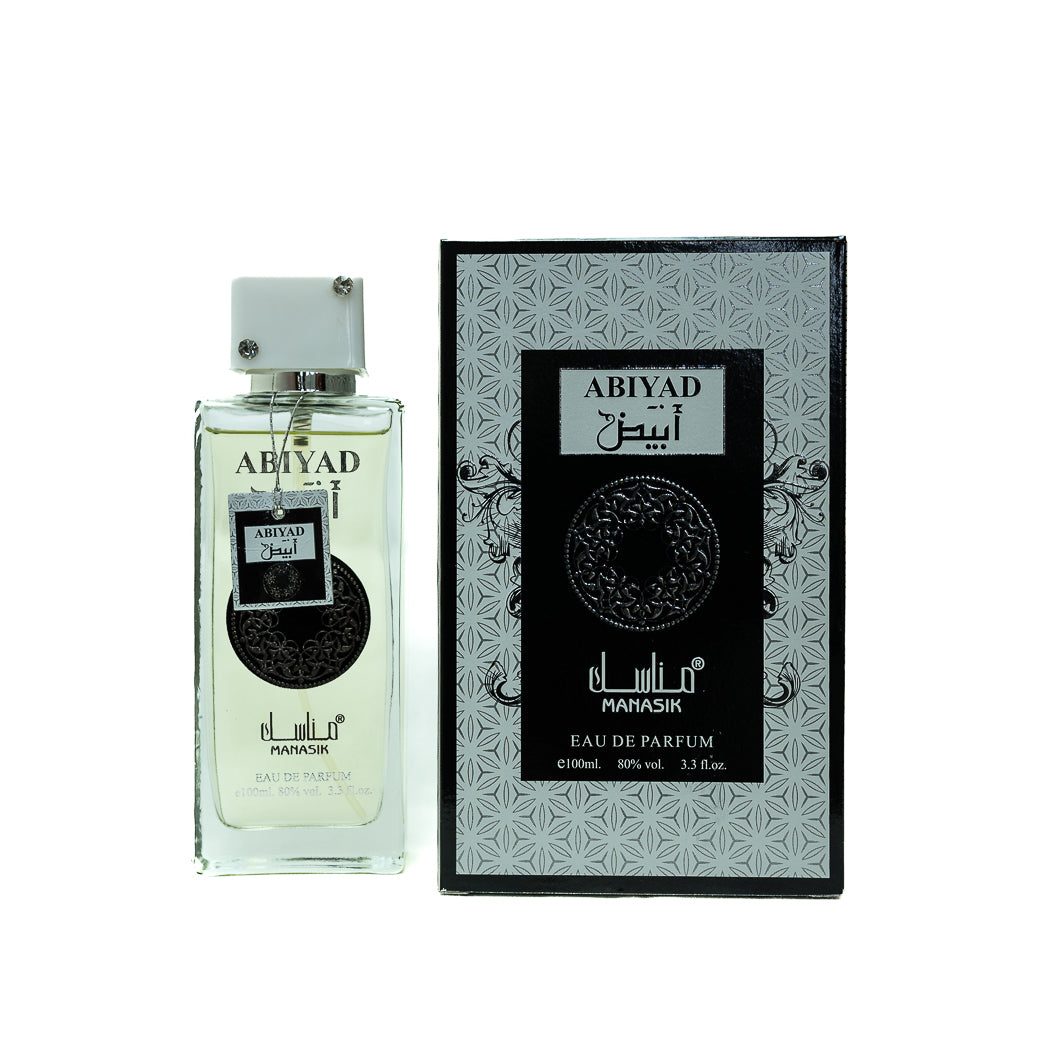Experience the invigorating scent of Abiyad Manasik Eau de Parfum for men. This 100ml fragrance combines fresh citrus and warm musk for a sophisticated and lasting aroma.