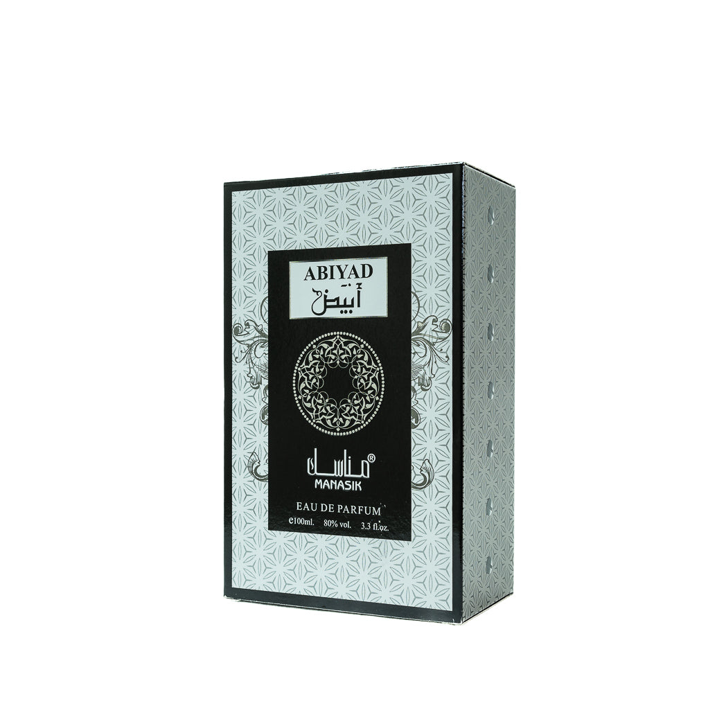 Experience the invigorating scent of Abiyad Manasik Eau de Parfum for men. This 100ml fragrance combines fresh citrus and warm musk for a sophisticated and lasting aroma.